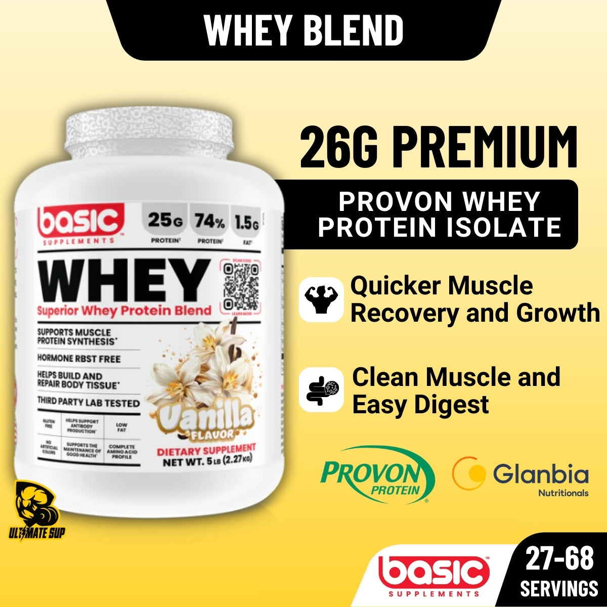 Basic Supplements, Basic Whey Blend, High Provon Whey Blend, Post Workout, Lean Muscle, Strength & Recovery, 27-68sers - Ultimate Sup Singapore