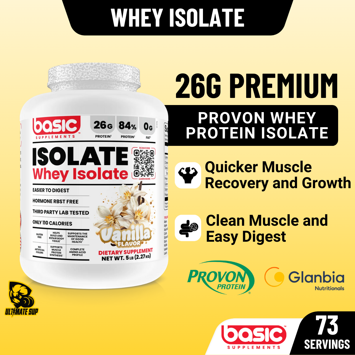 Basic Supplements, Basic Whey Isolate, High Provon Whey Isolate, Clean Whey, Fast Absorption for Muscle Building, 73ser - Ultimate Sup Singapore