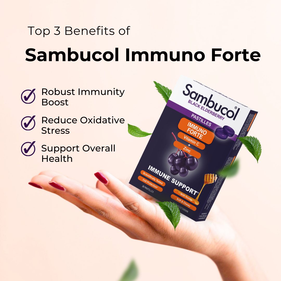 Sambucol Immuno Forte, PLUS Soothing Honey + Vitamin C + Zinc, Support Immune, 20 Pastilles - Ultimate Sup Singapore
