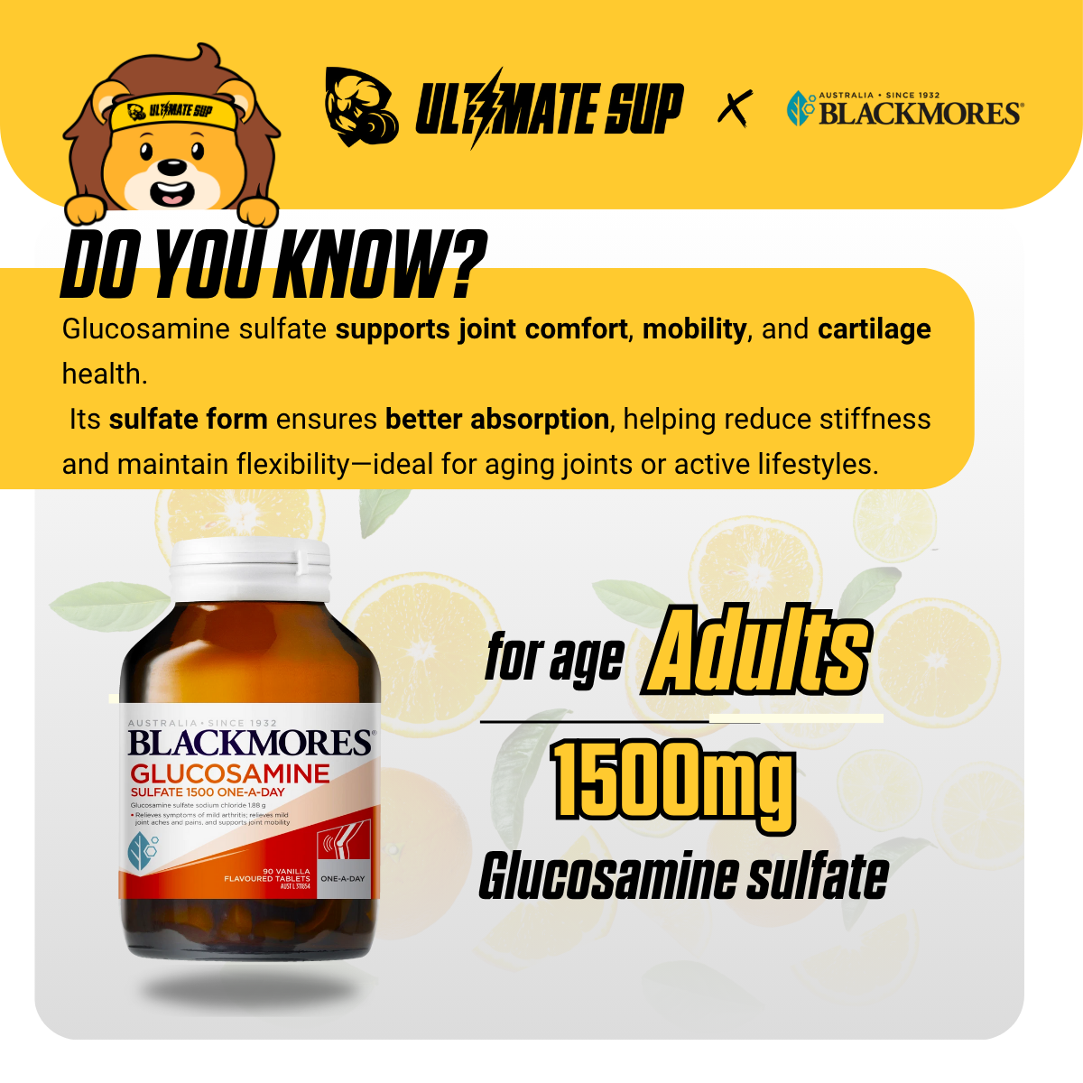 Blackmore, Glucosamine Sulfate, Joint supplement, 1500mg 180 tablets - Ultimate Sup Singapore