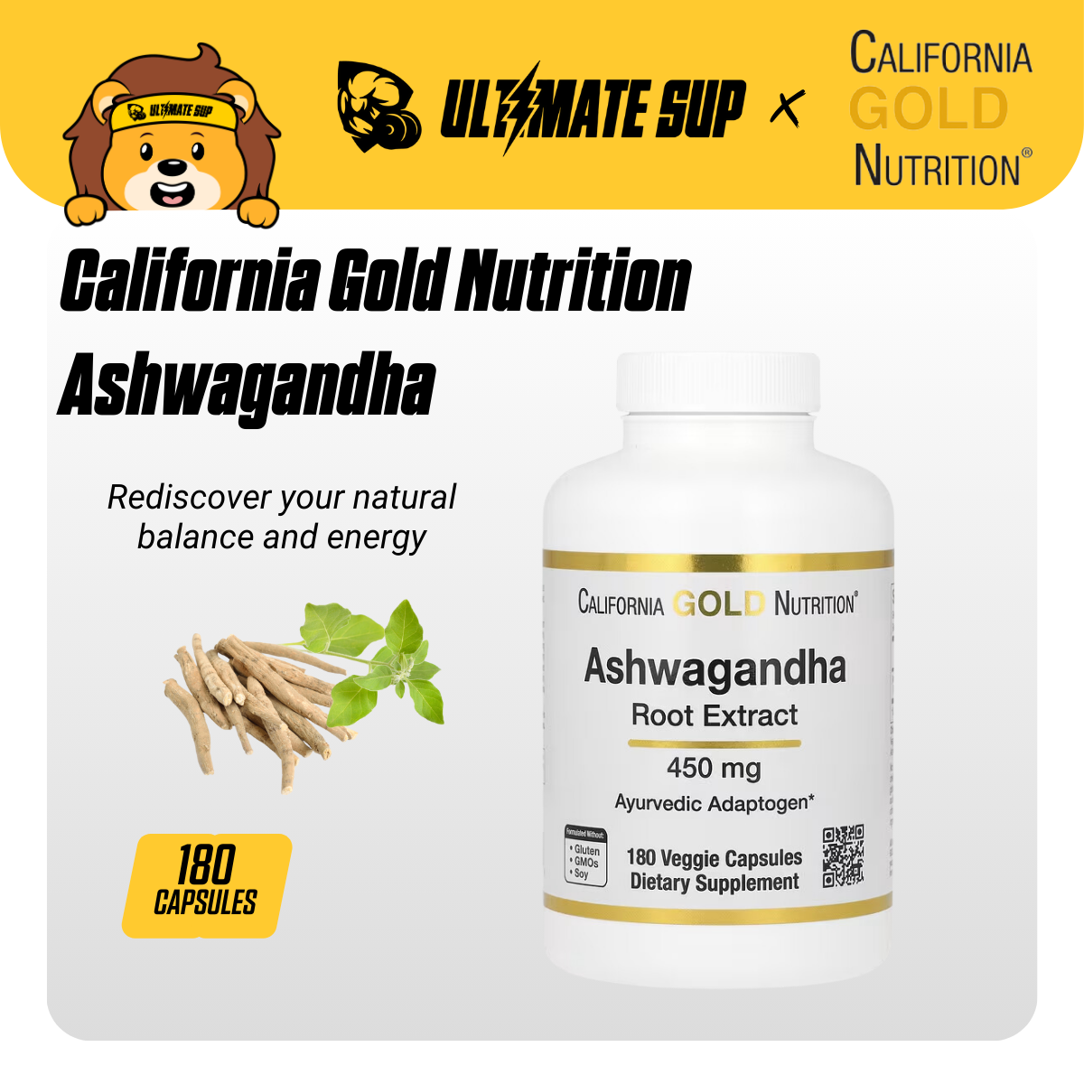 California Gold Nutrition, Ashwagandha 450 mg, 180 Veggie Capsules - Ultimate Sup Singapore