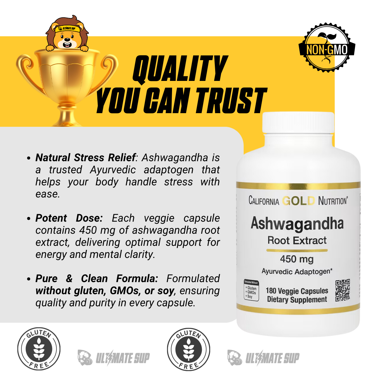 California Gold Nutrition, Ashwagandha 450 mg, 180 Veggie Capsules - Ultimate Sup Singapore