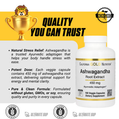 California Gold Nutrition, Ashwagandha 450 mg, 180 Veggie Capsules - Ultimate Sup Singapore