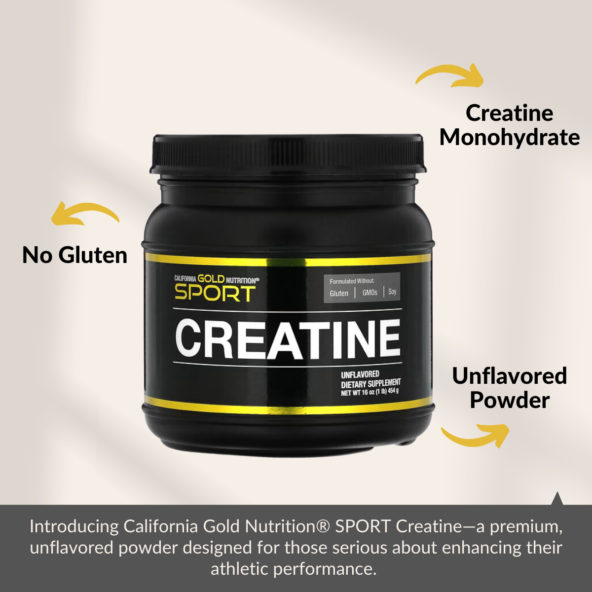 California Gold Nutrition, Creatine Monohydrate, Unflavored, Build Muscle, Gluten Free, No GMOs, No Soy, 16 oz (454 g) - Ultimate Sup Singapore