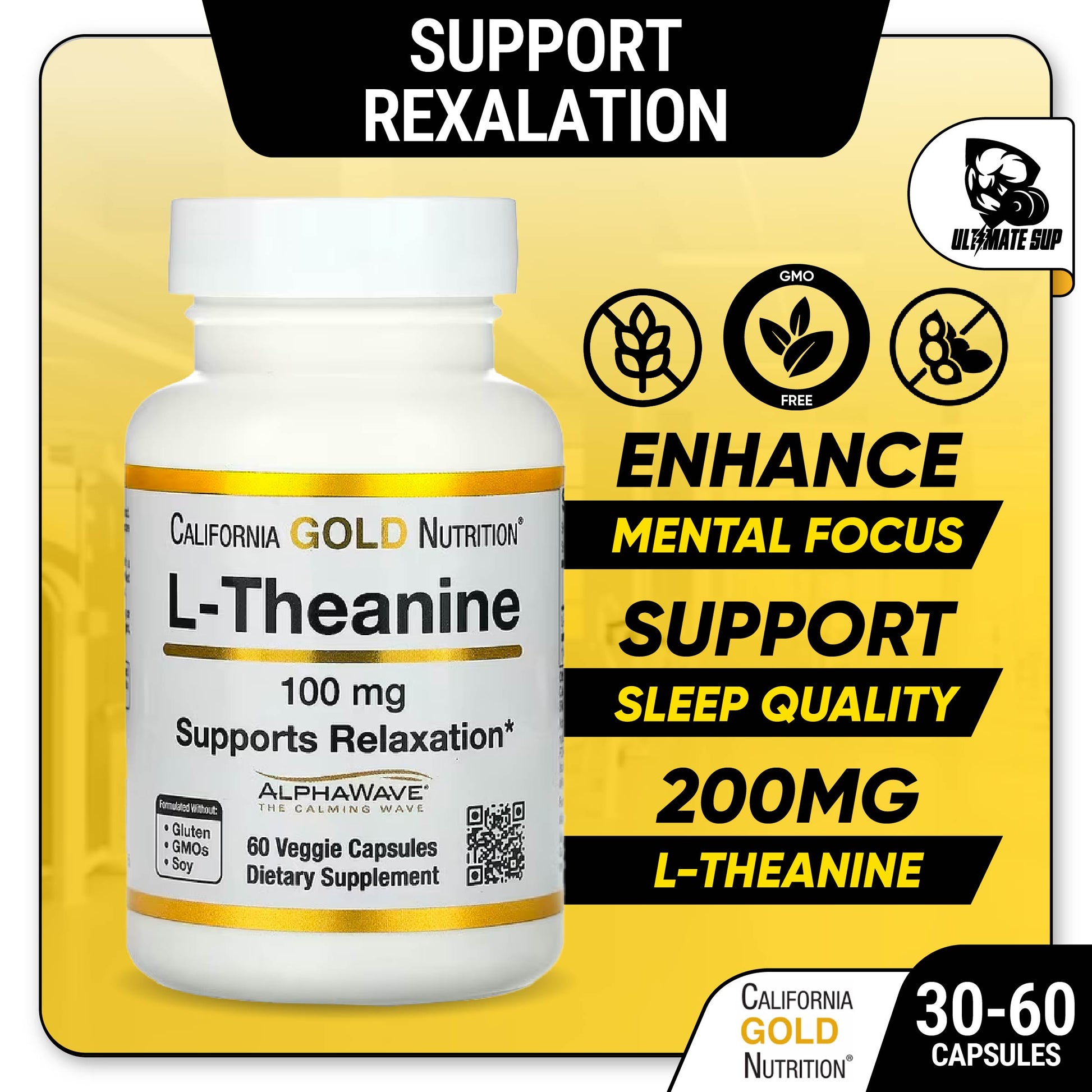 California Gold Nutrition, L-Theanine, AlphaWave, Supports Relaxation, Calm Focus, 200 mg, 30-60 VegCaps, 30-60 Sers - Ultimate Sup Singapore