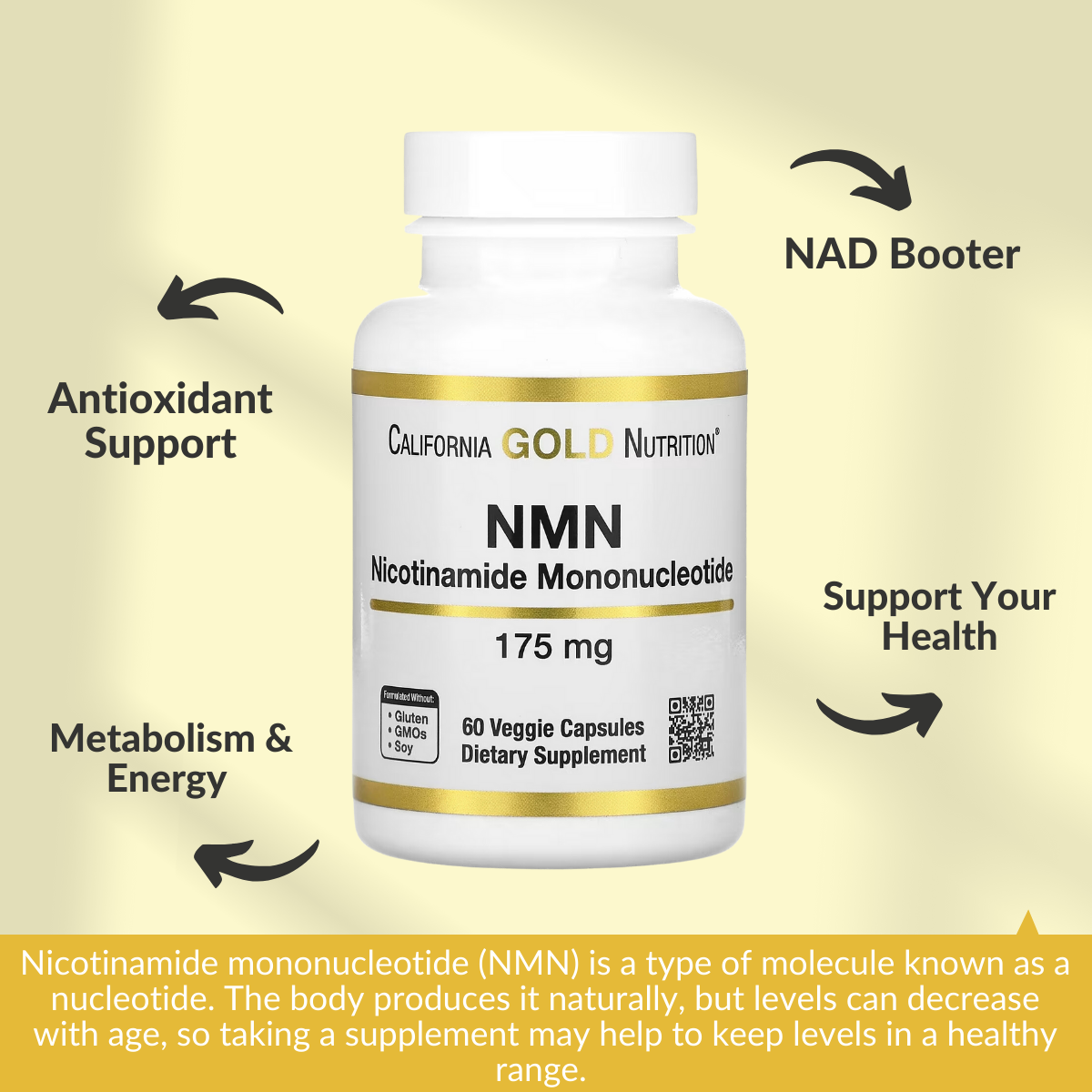 California Gold Nutrition, NMN, Antioxidant Support, Cellular Health Vitamins, Anti Aging Effects & Vegan Friendly, 175 mg, 60 Veggie Capsules - Ultimate Sup Singapore