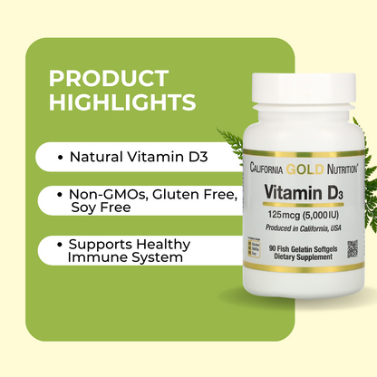 California Gold Nutrition, Vitamin D3, 125/50 mcg (5,000/2000 IU), 360 Fish Gelatin Softgels - Ultimate Sup Singapore
