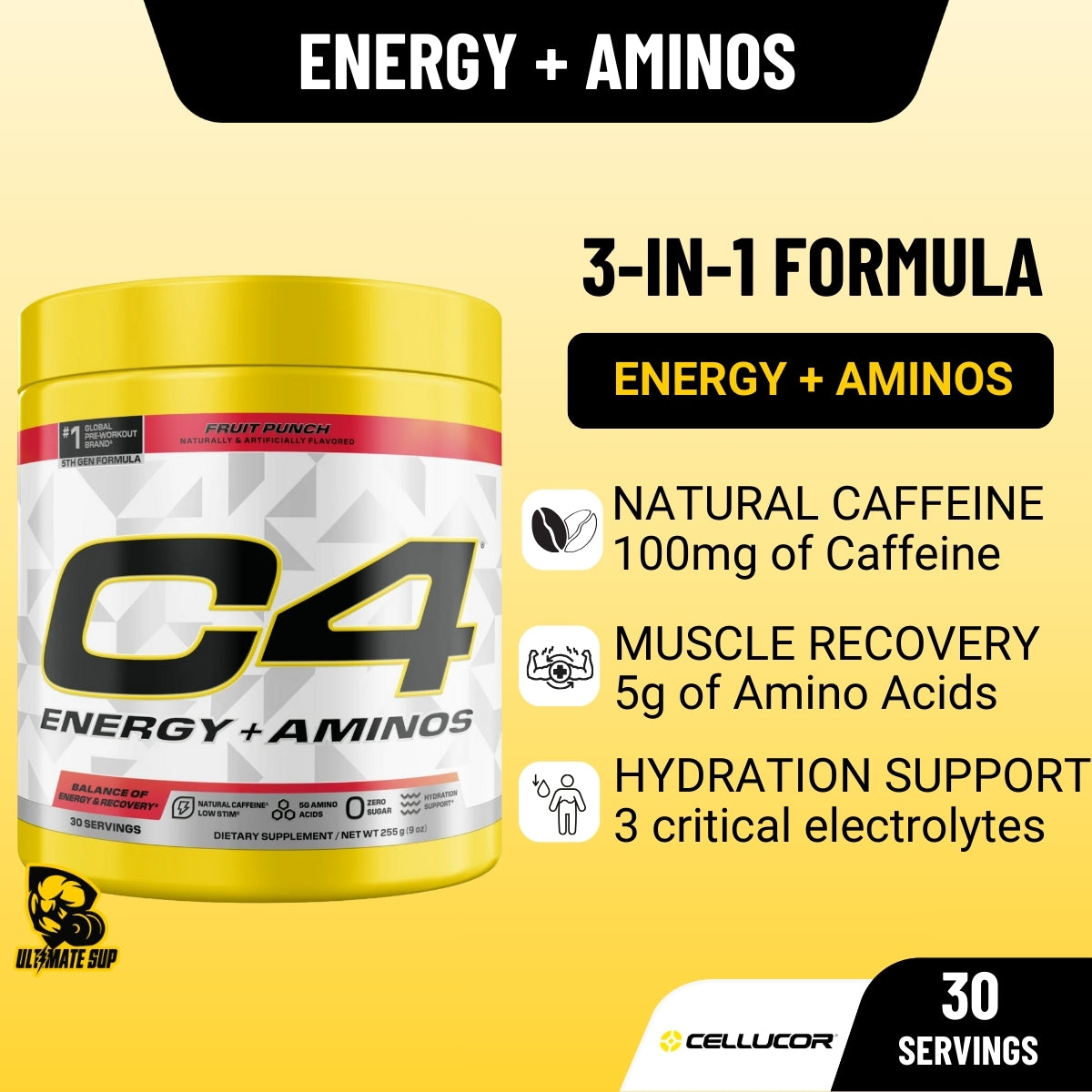Cellucor C4 Energy + Aminos Powder, BCAAs & EAAs, Supports Recovery, Hydration 30 ser - Ultimate Sup Singapore