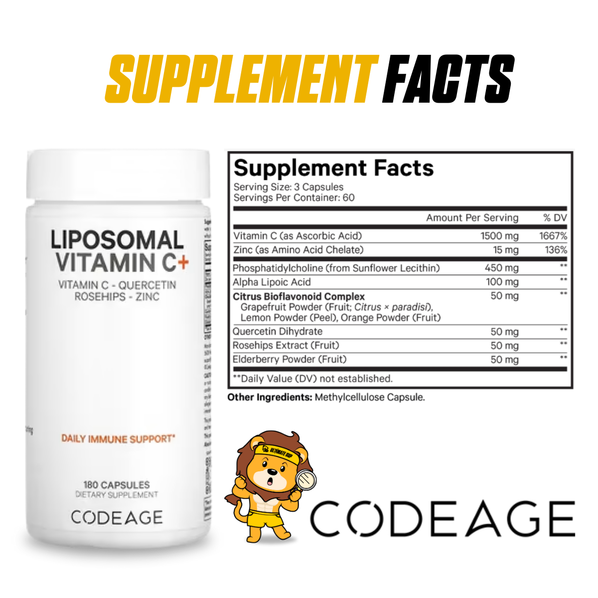 Codeage, Liposomal Vitamin C+, Quercetin, Rosehips, Zinc, Support Immune System, 180 Capsules - Ultimate Sup Singapore