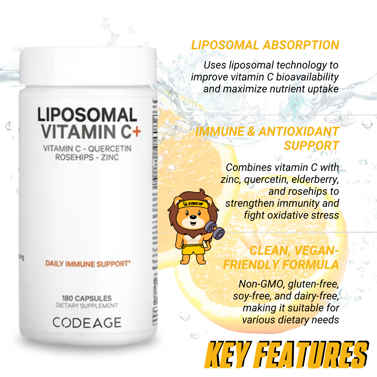 Codeage, Liposomal Vitamin C+, Quercetin, Rosehips, Zinc, Support Immune System, 180 Capsules - Ultimate Sup Singapore