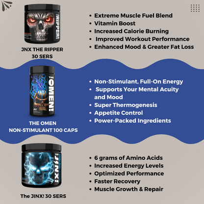 Combo FAT BURNER BUNDLE, JNX The Ripper 30 Sers + JNX Jinx + Omen Non-Stim 100 Caps, Fat Burner, Weight Management - Ultimate Sup Singapore