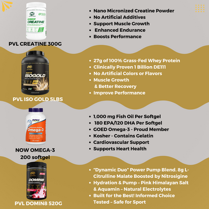 Combo IMPROVE PERFORMANCE, PVL Iso Gold 5lb + PVL 100% Pure Creatine + Omega 3 200s + PVL Domin8 Pre workout - Ultimate Sup Singapore