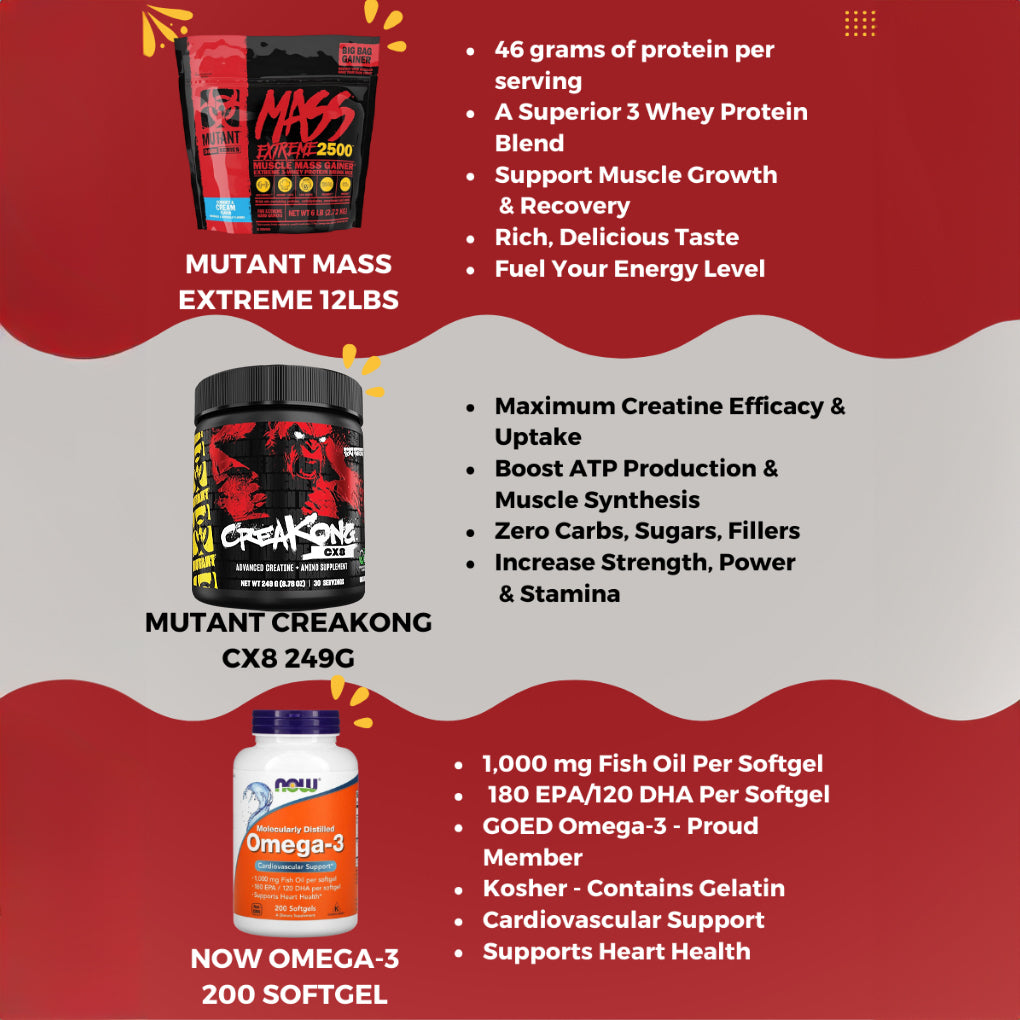 Combo MASS MONSTER, Mutant Mass Extreme 12lbs + CreaKong 300g + Madness 504g + Geaar 378g +  Multi 60caps + Omega 3 200s - Ultimate Sup Singapore