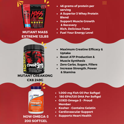 Combo MASS MONSTER, Mutant Mass Extreme 12lbs + CreaKong 300g + Madness 504g + Geaar 378g +  Multi 60caps + Omega 3 200s - Ultimate Sup Singapore