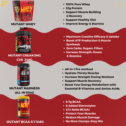 Combo MUSCLE & STRENGTH STACK, Mutant Whey 5lb + Creakong 300g + Mutant BCAA 9.7+ Mutant Madness 504g, Increase Strength - Ultimate Sup Singapore