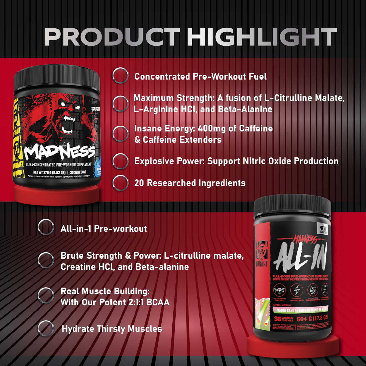 Combo MUSCLE & STRENGTH STACK, Mutant Whey 5lb + Creakong 300g + Mutant BCAA 9.7+ Mutant Madness 504g, Increase Strength - Ultimate Sup Singapore