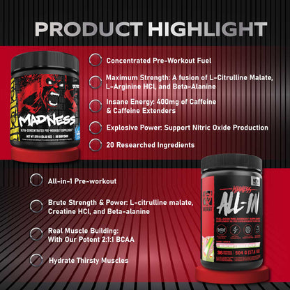 Combo MUSCLE & STRENGTH STACK, Mutant Whey 5lb + Creakong 300g + Mutant BCAA 9.7+ Mutant Madness 504g, Increase Strength - Ultimate Sup Singapore