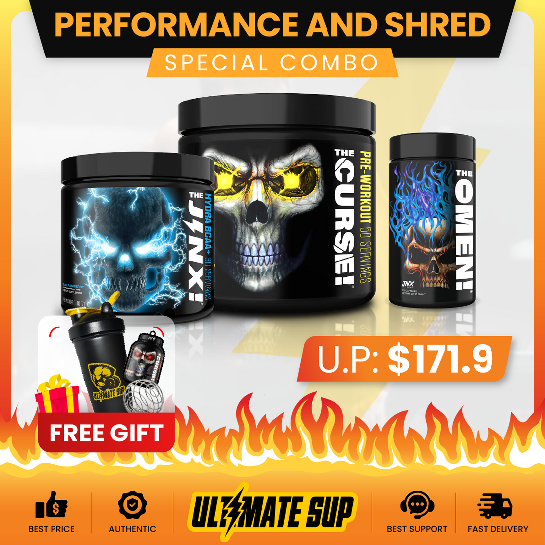 Combo PERFORMANCE AND SHRED BUNDLE, JNX Jinx 30 sers + The Curse + The Omen 100 Caps, Fat Loss, Fat Burner, Weight loss - Ultimate Sup Singapore