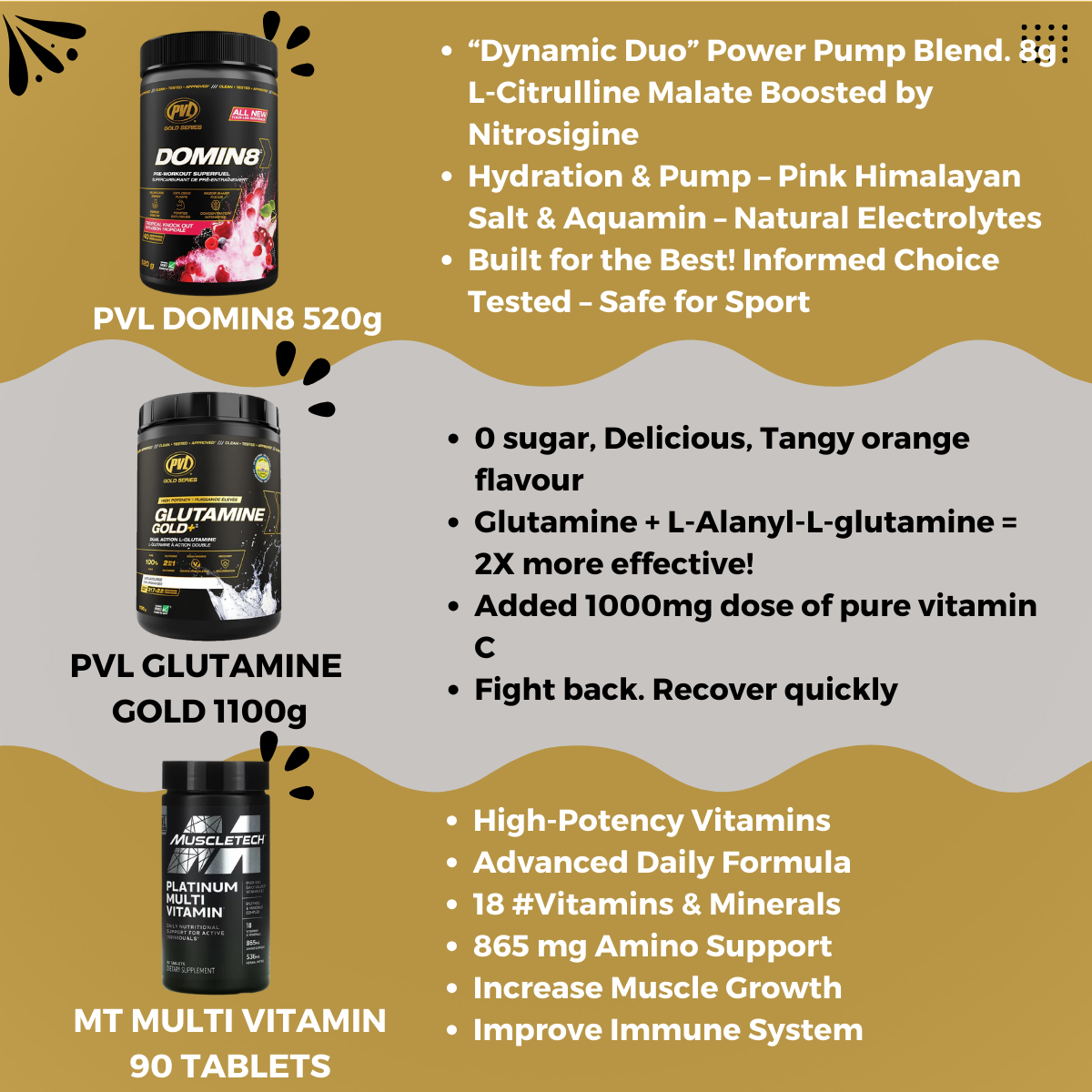 Combo STRENGTH AND ENDURANCE, PVL Iso Gold 5lb + PVL Creatine + Omega 3 200s + Domin8 520g + PVL Glutamine Gold + MT Multi 90T - Ultimate Sup Singapore