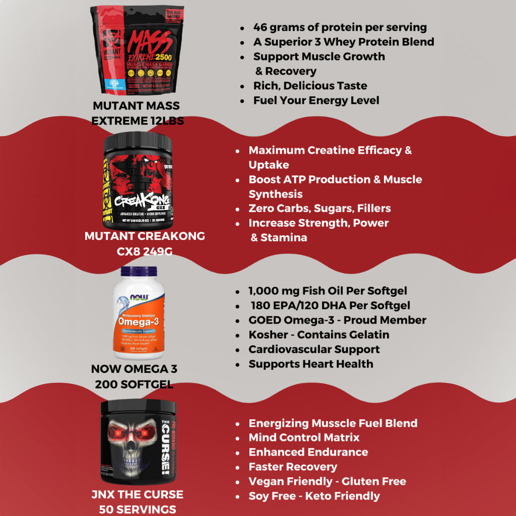 Combo ULTIMATE PERFORMANCE, Mutant Mass Extreme 2500 12lbs + CreaKong 300g + Omega 3 200s + JNX The Curse, Mass Gainer - Ultimate Sup Singapore