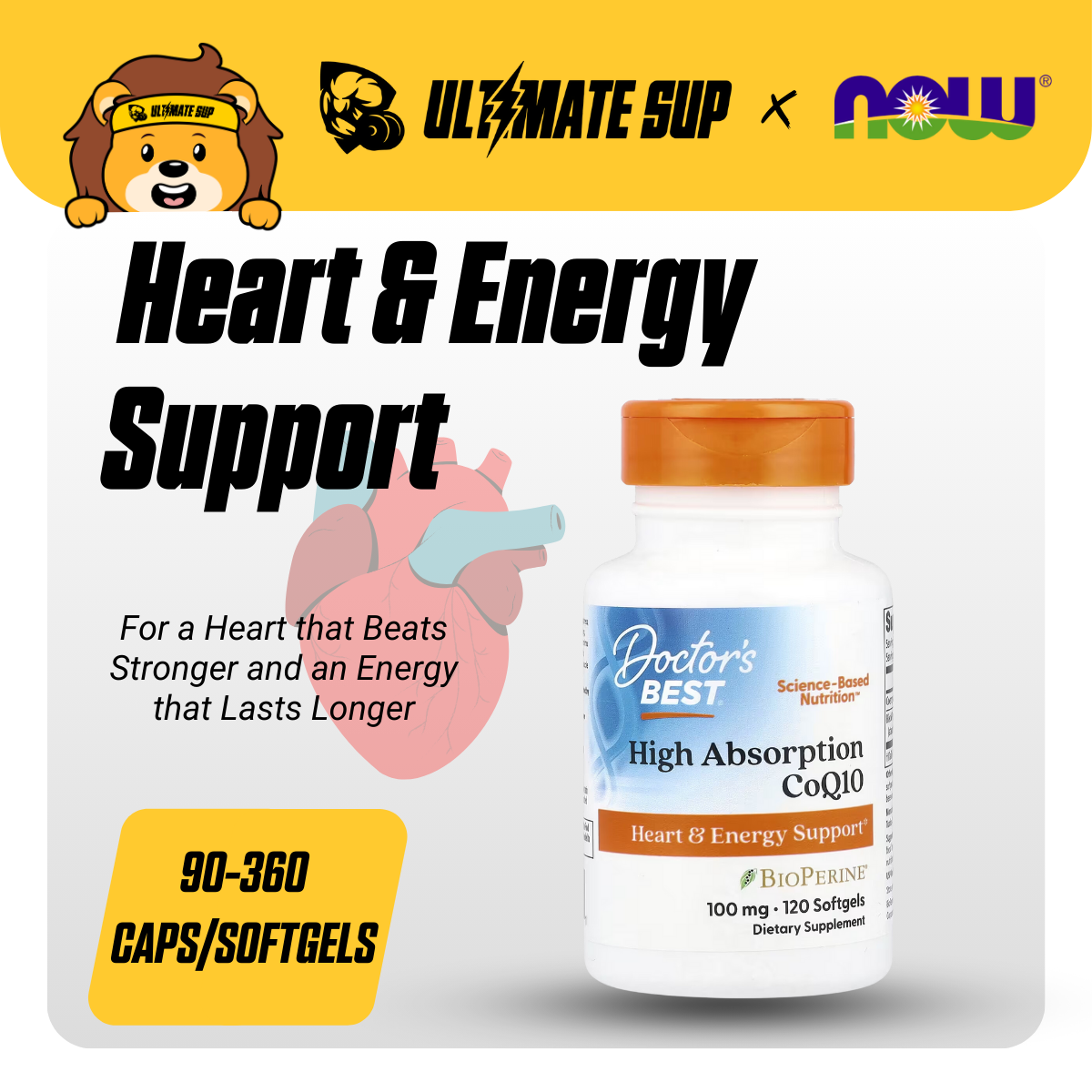 Doctor's Best, High Absorption CoQ10 With BioPerine, Support Heart & Energy, 90-360 Softgels - Ultimate Sup Singapore