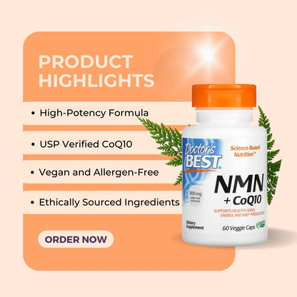 Doctor's Best, NMN 150 mg, CoQ10 50 mg, Anti Aging, Supports Energy Levels, NAD Production, 60 Veggie Caps, 30 servings - Ultimate Sup Singapore