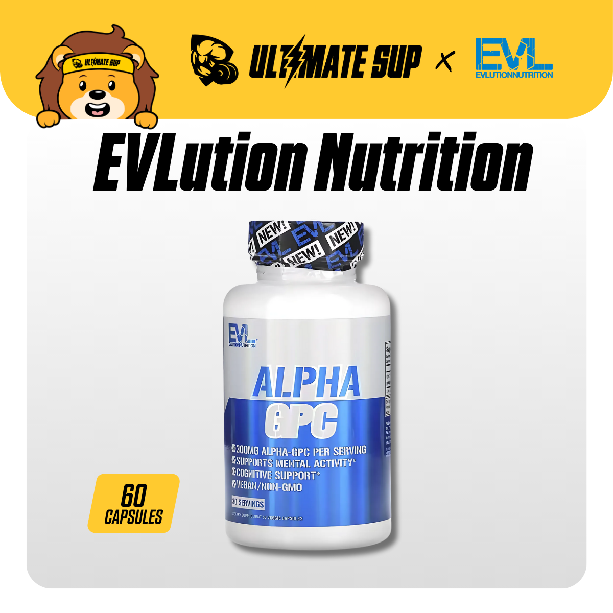 EVLution Nutrition, Alpha GPC, Enhance Focus & Attention, Physical Performance, Support Memory & Learning, 60 Veg Caps - Ultimate Sup Singapore