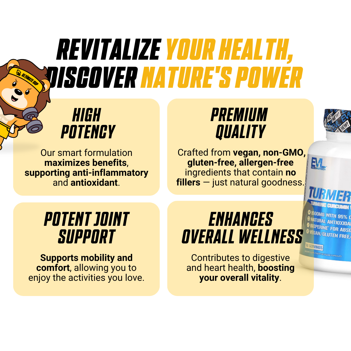 EVLution Nutrition, Turmeric1500 | Turmeric Curcumin with Bioperine, Fast Absorption, Anti Inflammatory, Antioxidant, For Digestive Skin Muscle Immunity Liver & Joint Support | 90 Veggie Capsules - Ultimate Sup Singapore
