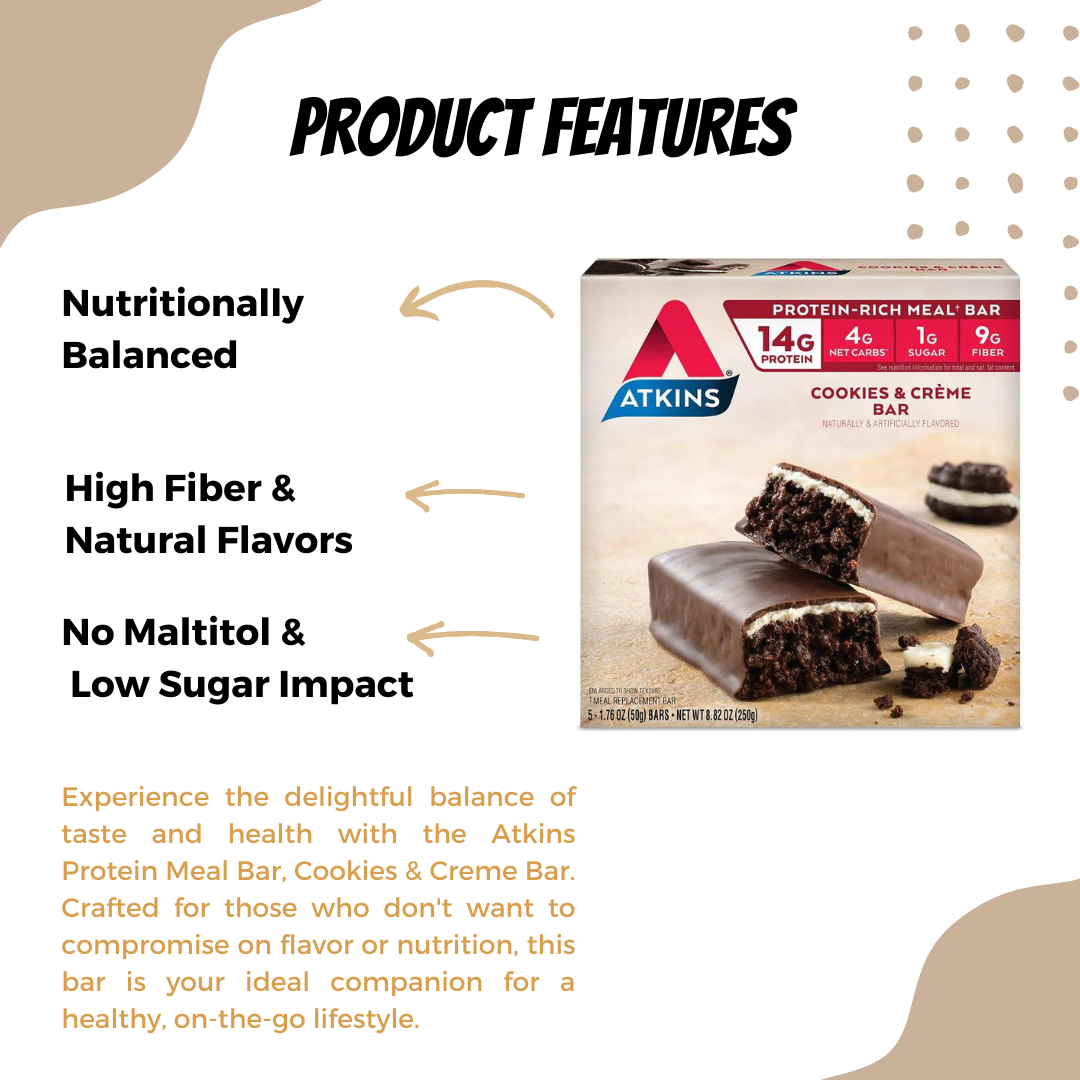 Atkins, Protein Meal Bar, No Maltitol, Keto Friendly, Cookies & Creme Bar, 5 Bars, 1.76 oz (50 g) - Ultimate Sup Singapore