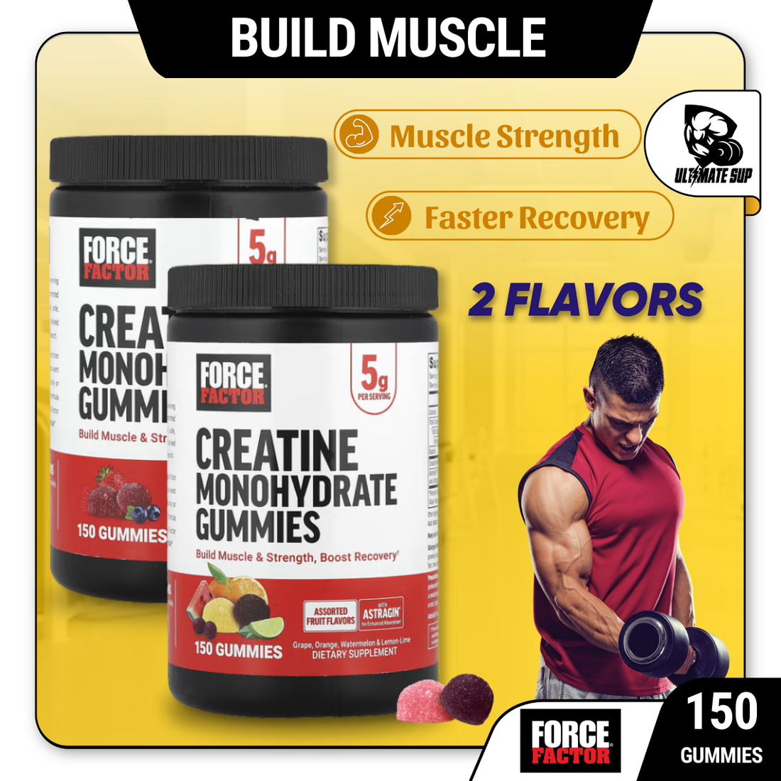 Force Factor, Creatine Monohydrate Gummies, Build Muscle & Faster Recovery, Various Flavors, 150 Gummies - Ultimate Sup Singapore
