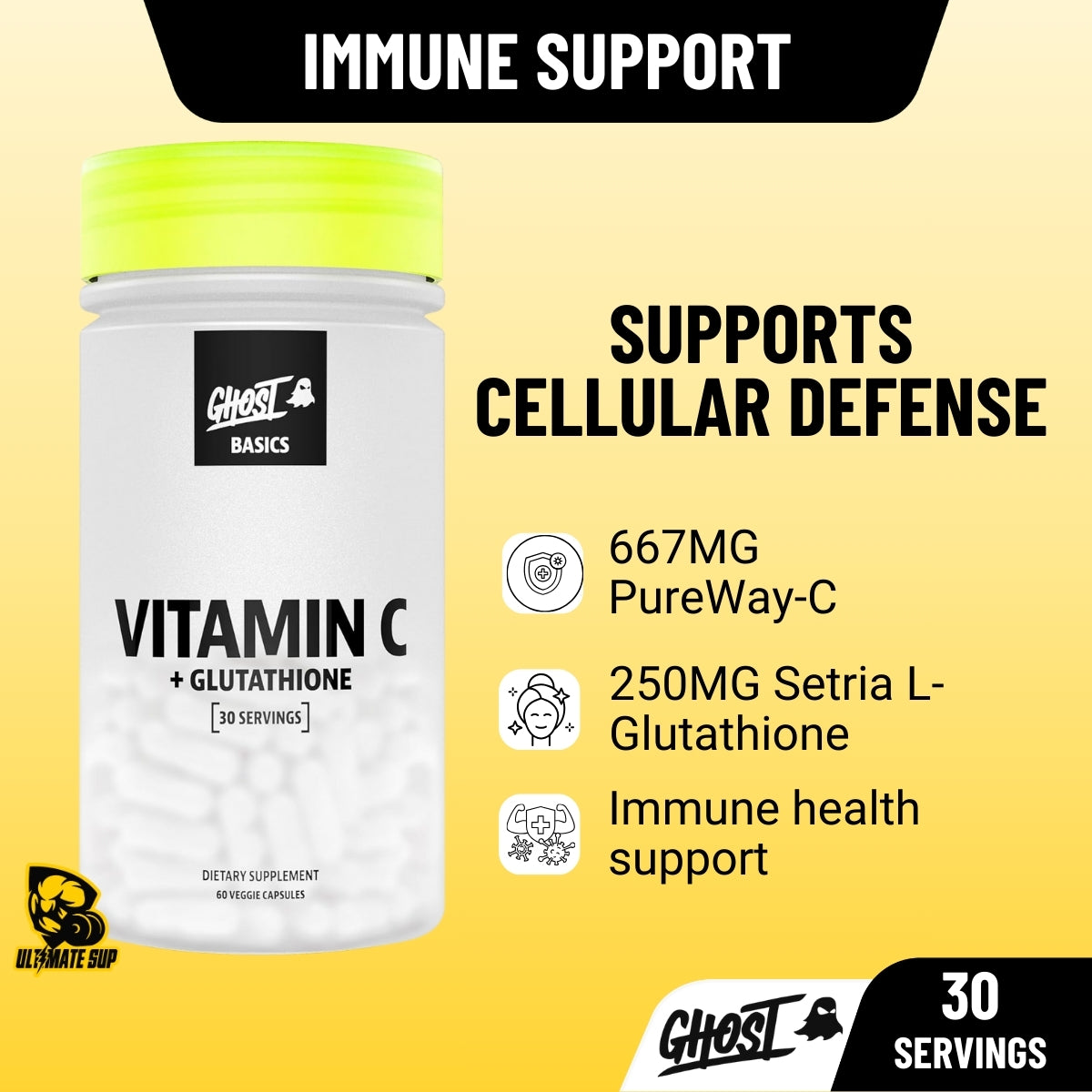 GHOST Basics Vitamin C + Glutathione, For Immune Health Support, Detox & Cleanse, 60 Veggie Capsules - Ultimate Sup Singapore