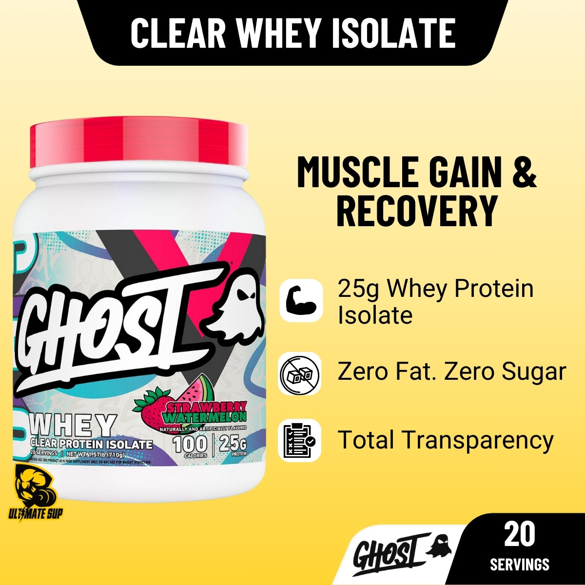 GHOST Clear Whey Isolate Protein Powder, Post Workout Drink for Muscle Gain & Recovery 20 servings - Ultimate Sup Singapore