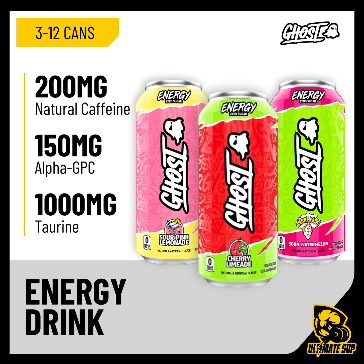 GHOST, Energy Drink, 200mg Caffeine, 12 Cans - Ultimate Sup Singapore