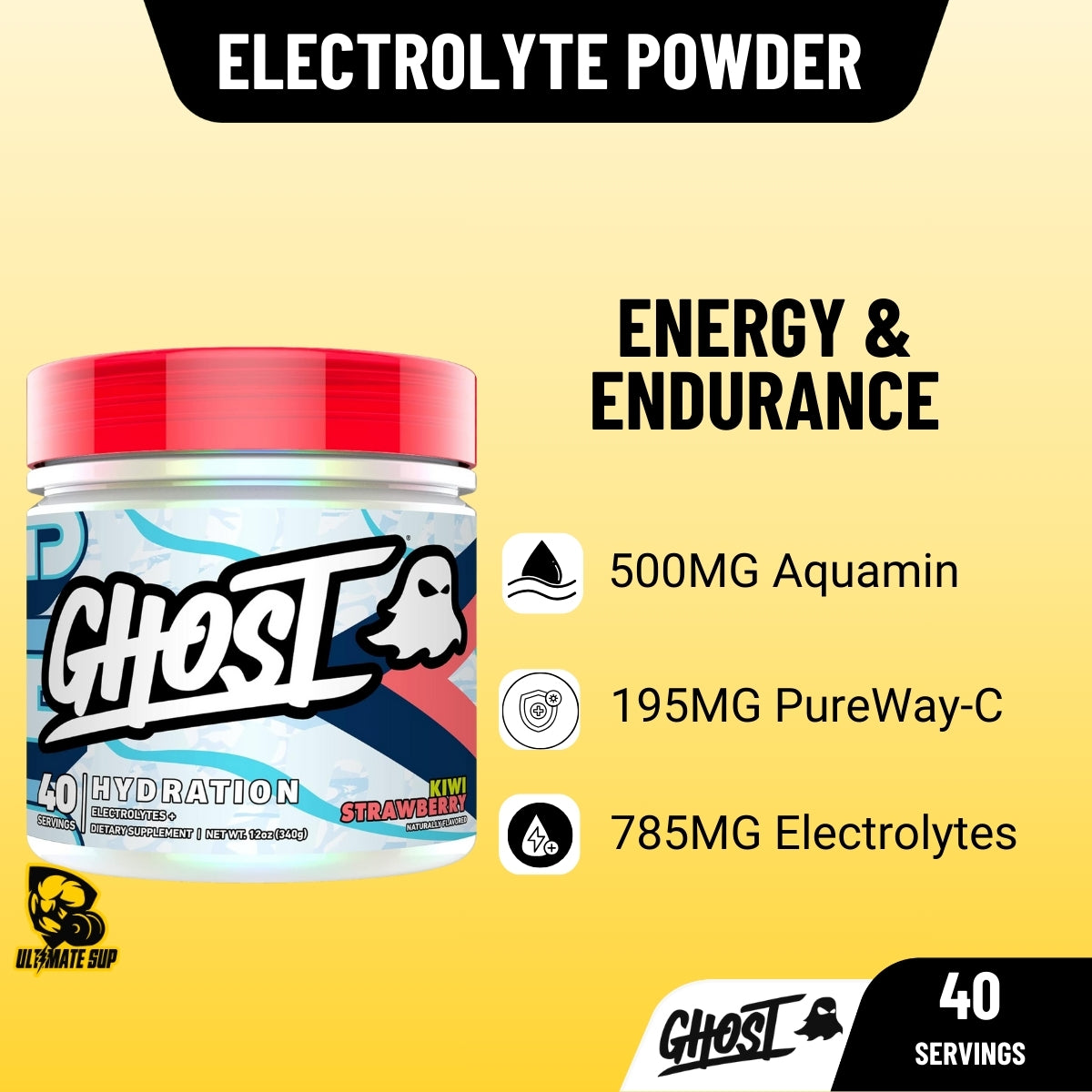 GHOST Hydration, Electrolyte Powder, Energy & Endurance, Electrolyte Enhanced, 40 Serv - Ultimate Sup Singapore