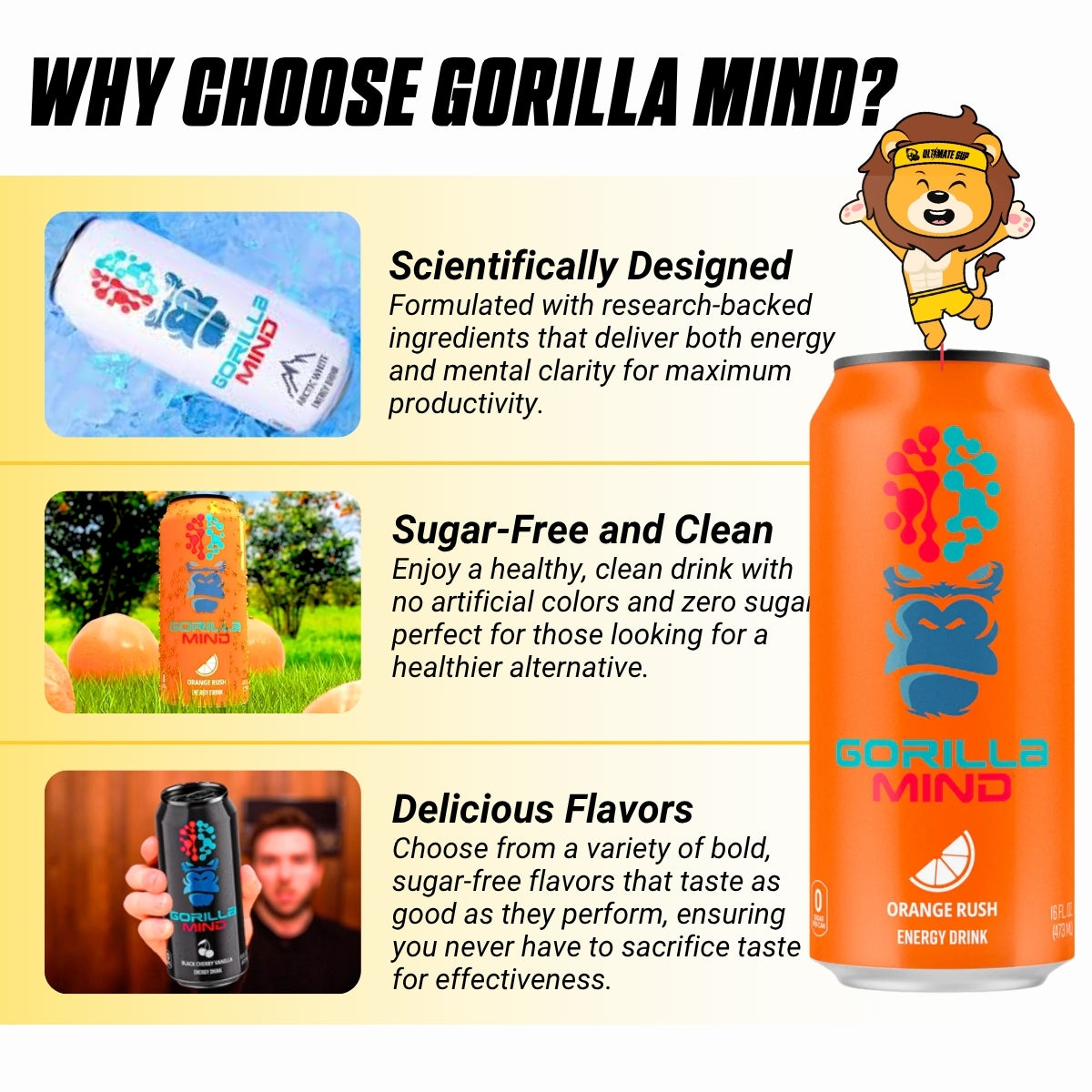 Gorilla Mind Energy Drink, 200mg Caffeine, Enhanced Focus and Mental Clarity, Zero Sugar, 3-12cans, Various Flavors - Ultimate Sup Singapore