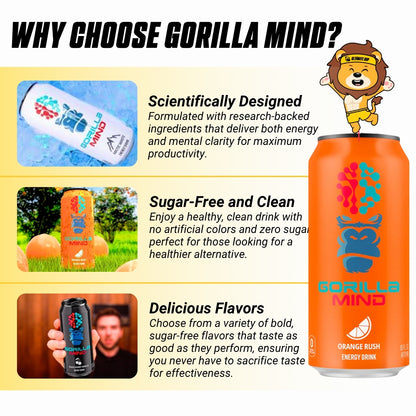 Gorilla Mind Energy Drink, 200mg Caffeine, Enhanced Focus and Mental Clarity, Zero Sugar, 3-12cans, Various Flavors - Ultimate Sup Singapore