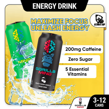 Gorilla Mind Energy Drink, 200mg Caffeine, Enhanced Focus and Mental Clarity, Zero Sugar, 3-12cans, Various Flavors - Ultimate Sup Singapore