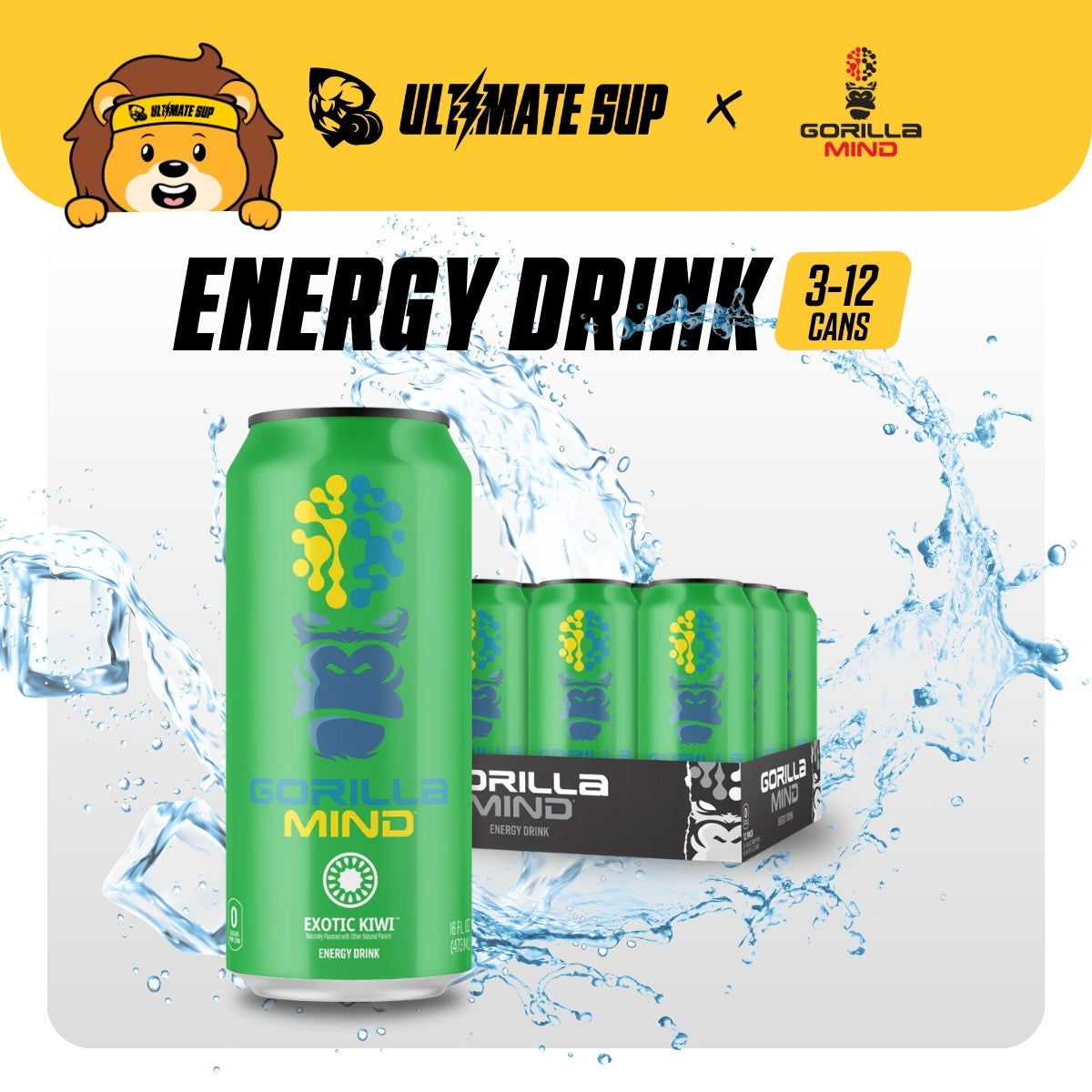 Gorilla Mind Energy Drink, 200mg Caffeine, Enhanced Focus and Mental Clarity, Zero Sugar, 3-12cans, Various Flavors - Ultimate Sup Singapore