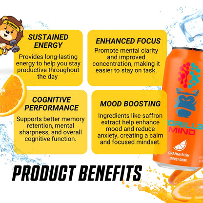 Gorilla Mind Energy Drink, 200mg Caffeine, Enhanced Focus and Mental Clarity, Zero Sugar, 3-12cans, Various Flavors - Ultimate Sup Singapore
