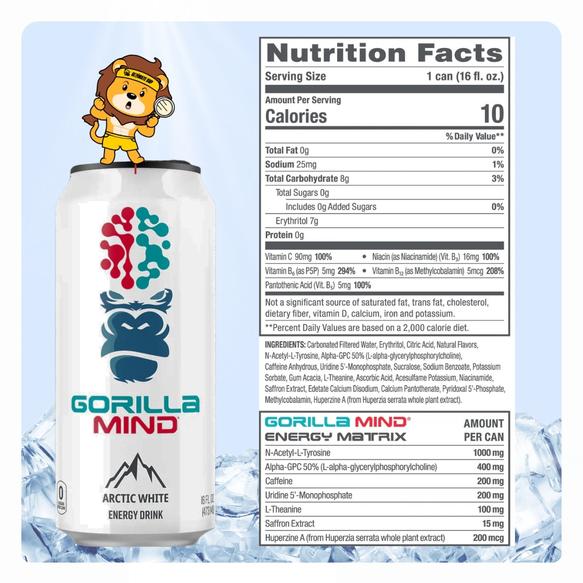 Gorilla Mind Energy Drink, 200mg Caffeine, Enhanced Focus and Mental Clarity, Zero Sugar, 3-12cans, Various Flavors - Ultimate Sup Singapore
