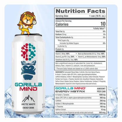 Gorilla Mind Energy Drink, 200mg Caffeine, Enhanced Focus and Mental Clarity, Zero Sugar, 3-12cans, Various Flavors - Ultimate Sup Singapore