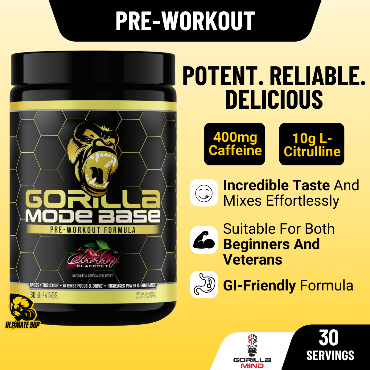 Gorilla Mode Base Pre Workout, Intense Focus & Drive Endurance, Incredible Taste 30 sers - Ultimate Sup Singapore