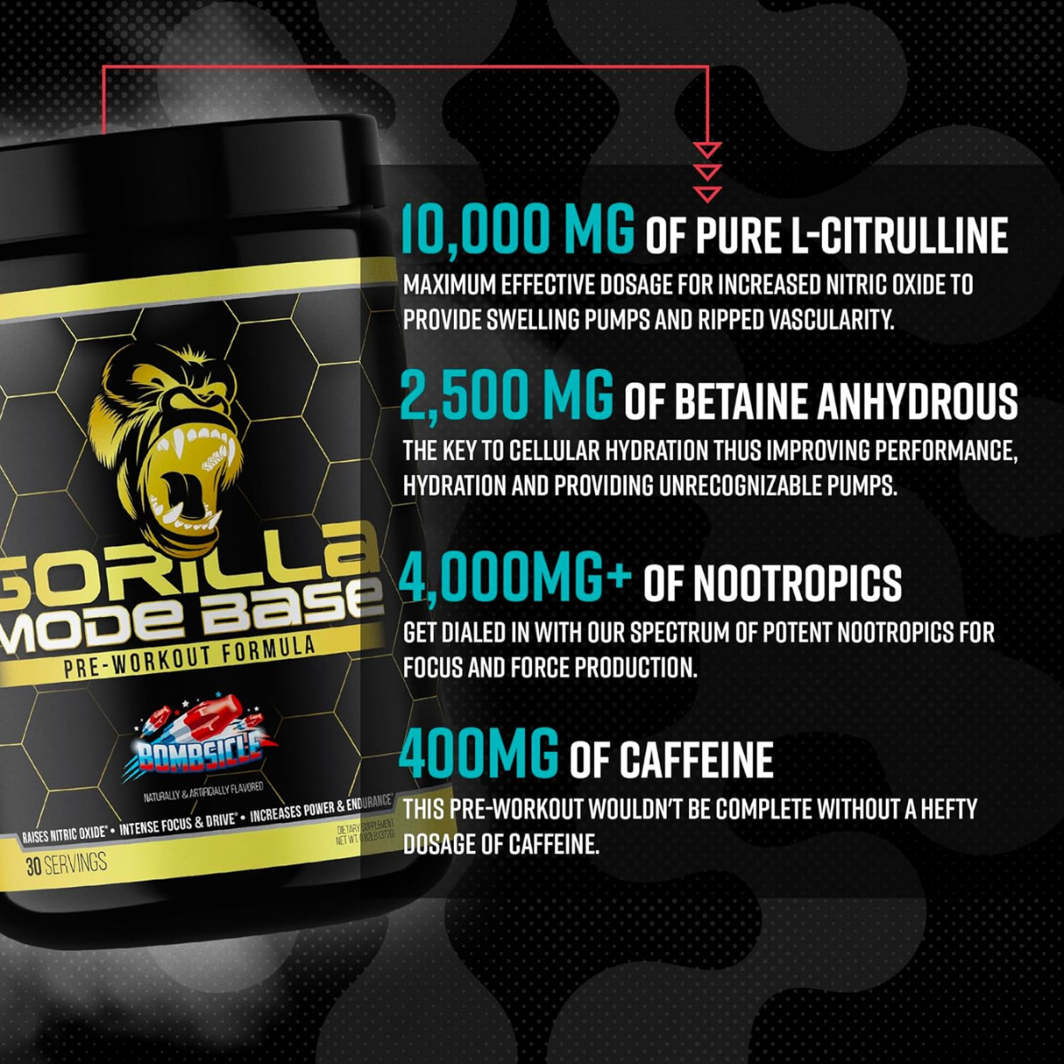 Gorilla Mode Base Pre Workout, Intense Focus & Drive Endurance, Incredible Taste 30 sers - Ultimate Sup Singapore