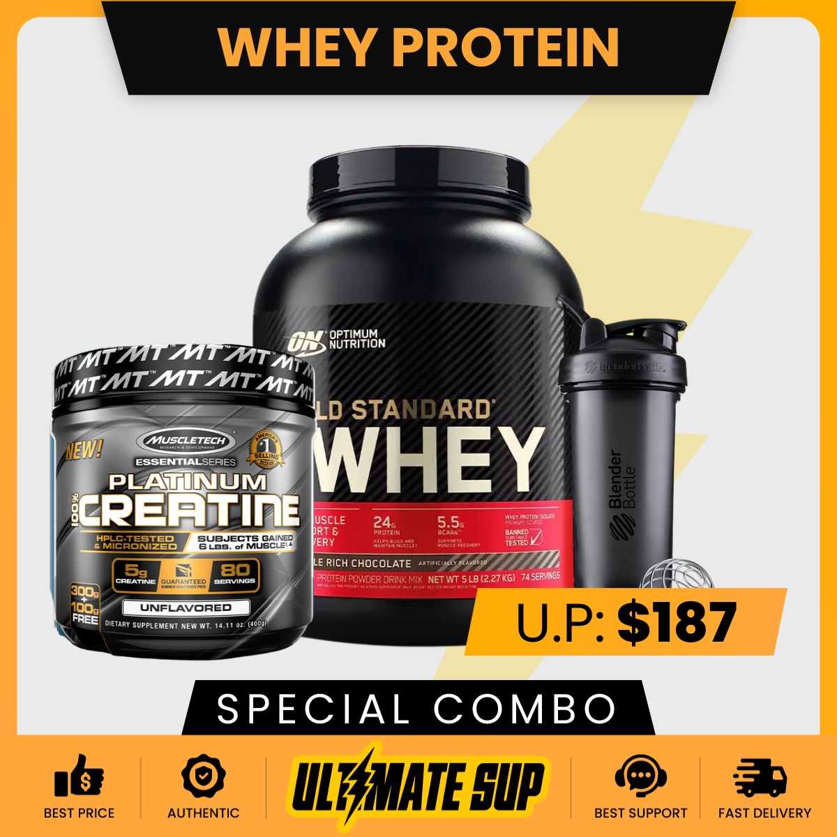 COMBO Optimum Nutrition Gold Standard 100% Whey Protein + Blender Bottle V2 Black 28oz + Muscletech Creatine - Ultimate Sup Singapore