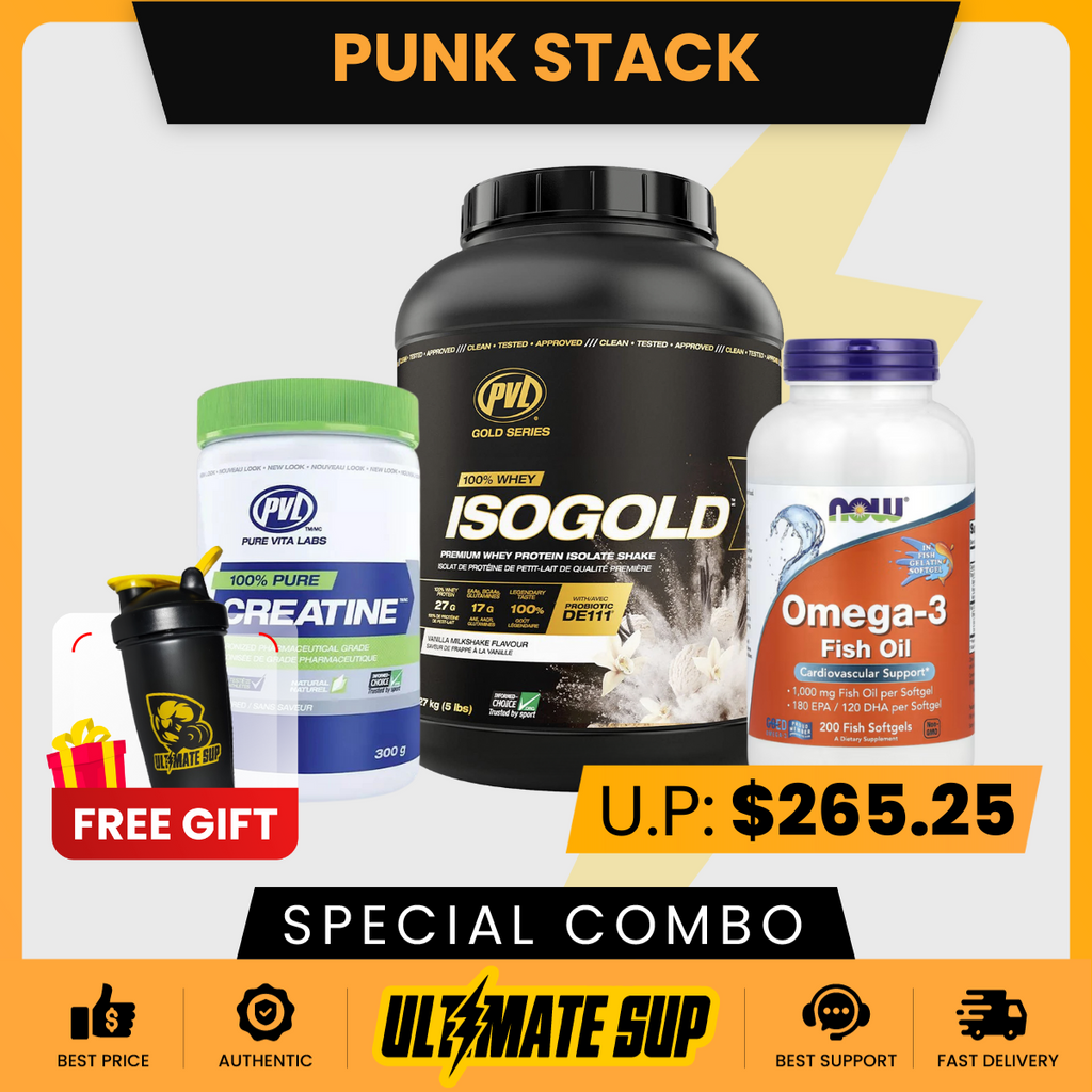 Combo PUNK STACK, PVL Iso Gold 5lb + PVL 100% Pure Creatine + Omega 3 200 softgel, Muscle Growth & Recovery