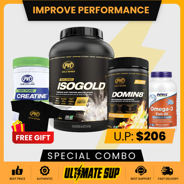 Combo IMPROVE PERFORMANCE, PVL Iso Gold 5lb + PVL 100% Pure Creatine + Omega 3 200s + PVL Domin8 Pre workout - Ultimate Sup Singapore