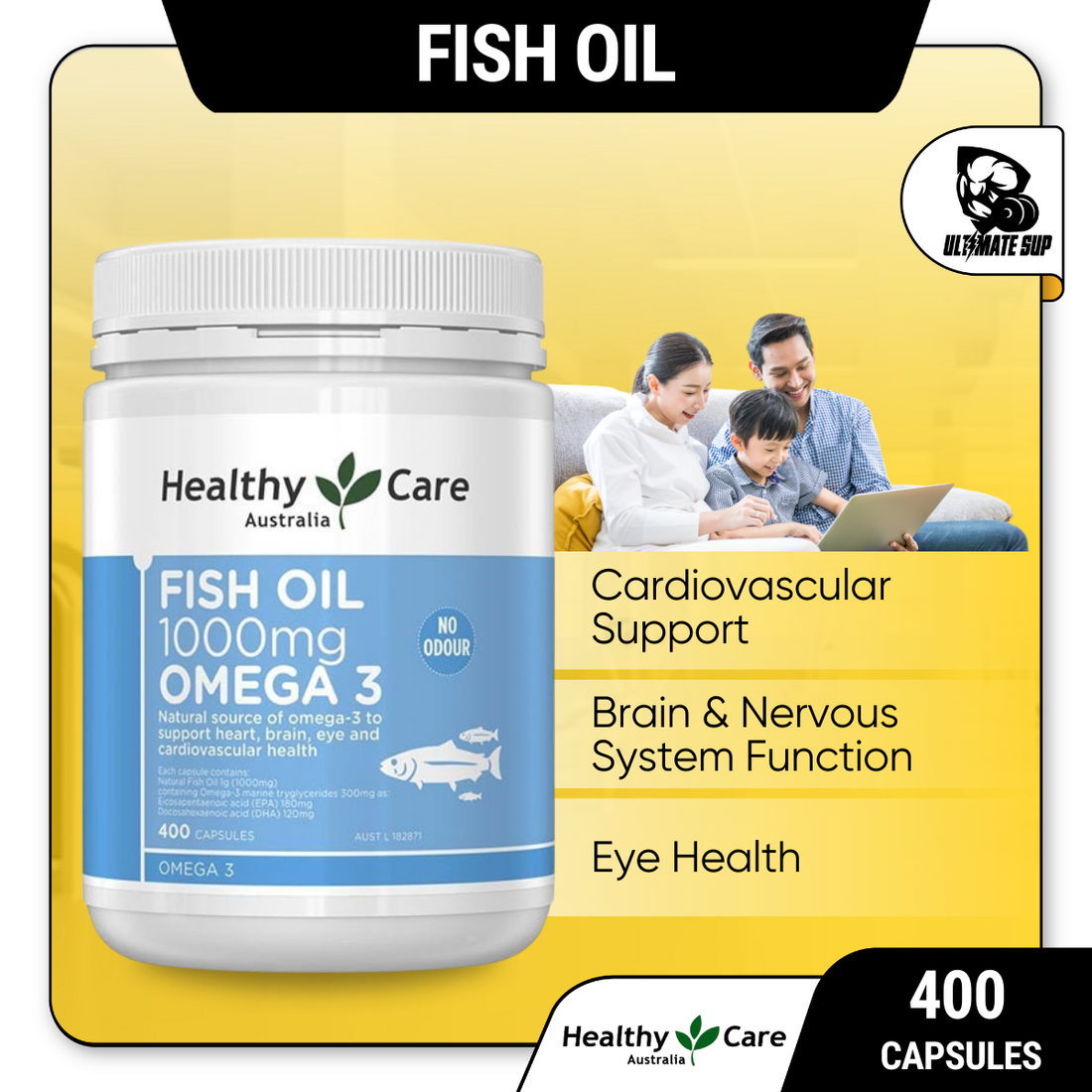 Healthy Care, Fish Oil 1000mg Omega-3, 400 capsules - Ultimate Sup Singapore