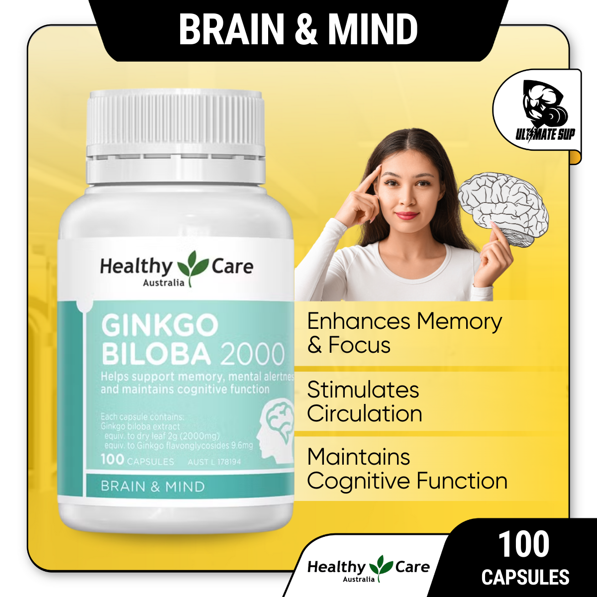 Healthy Care, Ginkgo Biloba, 2000mg, 100 Capsules - Ultimate Sup Singapore