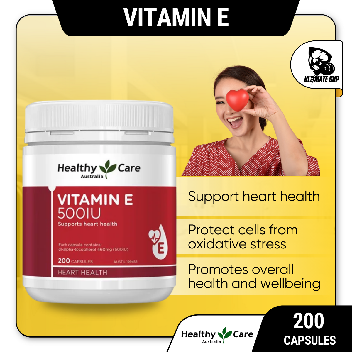 Healthy Care, Vitamin E 500IU, 200 Capsules - Ultimate Sup Singapore