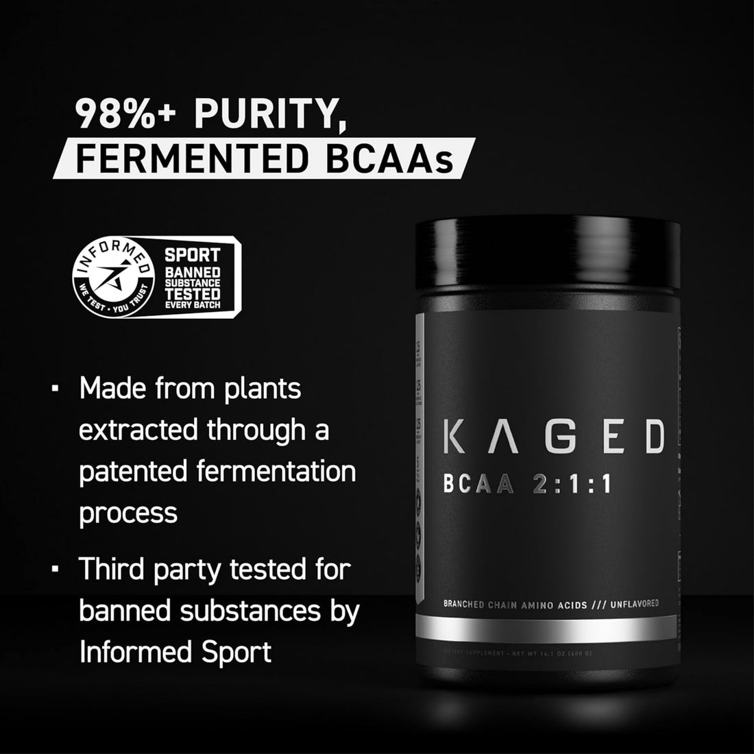 Kaged BCAA 2:1:1, Third Party Tested by Informed Choice, 98% Purity, Unflavored, 400g - Ultimate Sup Singapore